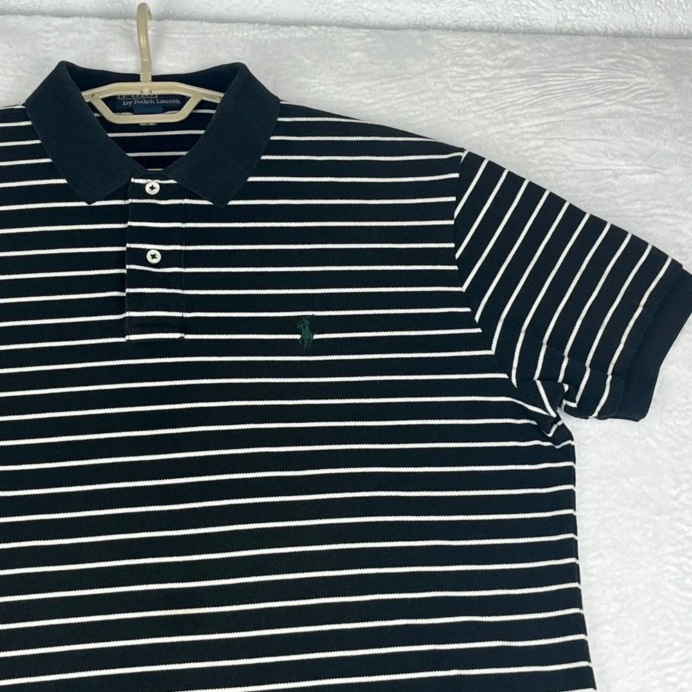 Polo Ralph Lauren Polo Shirt‎ Mens XL Navy Blue White Striped Pique Short Sleeve